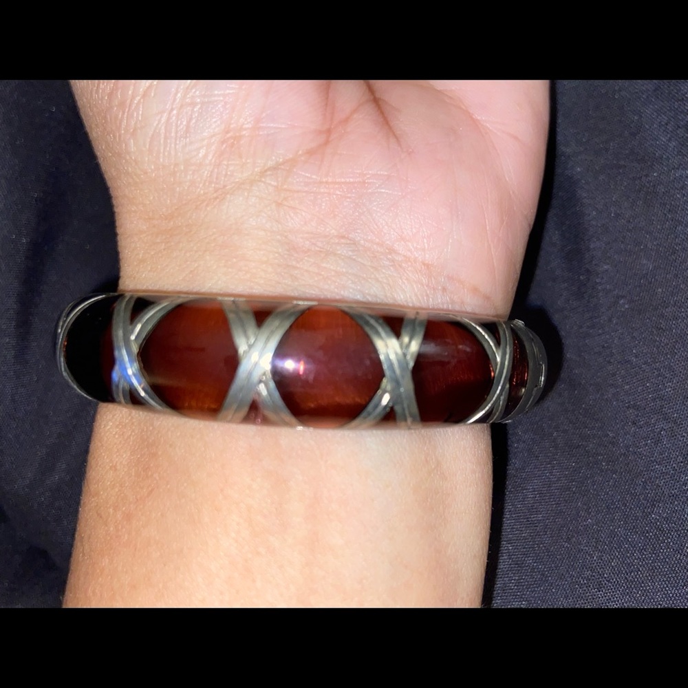 Angelique de Paris Bracelet Sterling Bamboo Amber Resin Signed